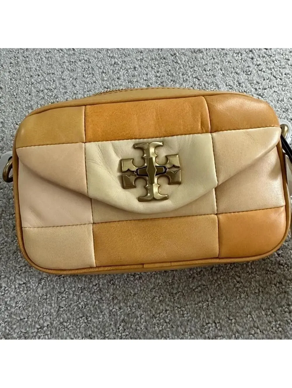 Tory Burch Kira Mini Leather Patchwork Camera Bag NWT Golden Straw Mix